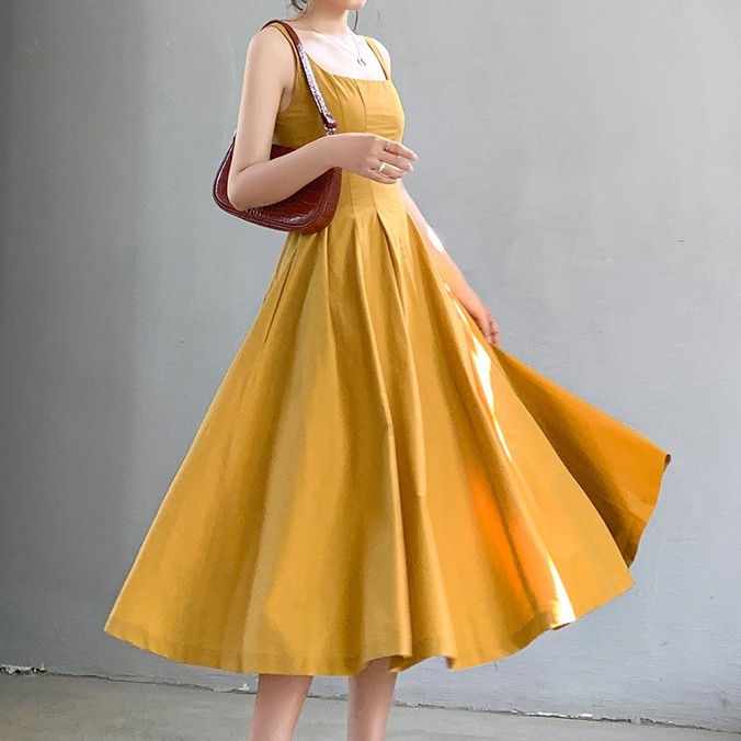 

French dress new summer yellow high waist square neck A line dresses ladies female sexy, Black;gray