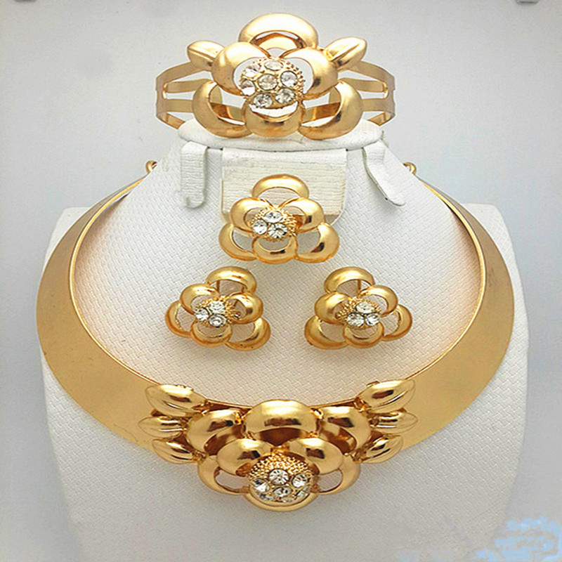 

LongquExquisite Dubai Womens Jewelry Set hot Big crystal flower Necklace Earrings Ring Bracelet Nigerian bride Wedding Jewelry