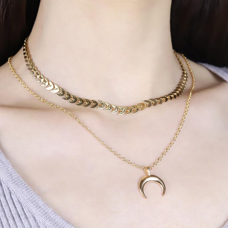 

Chokers Trend Personality Moon Choker Necklace Fashion Sexy Double Fish Bone Chain Punk Gold Jewelry Female