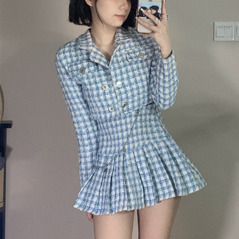 Two Piece Dress High Quality Fashion Sweet Elegant Set Women Crop Top Tweed Jacket Coat + Pleated Mini Skirt Suits Outfits TJGJ-image-706964929