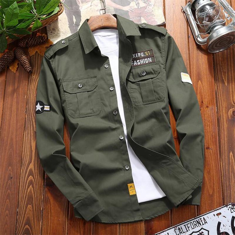 

Big Size Military Cotton Shirt 2021 Spring Casual Retro Slim Fit With Pocket Long Sleeve Vintage Streetwear Buttoned Top Men's Shirts, Army green