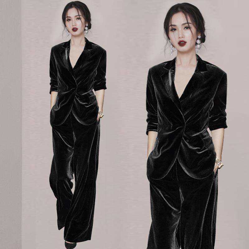 

Fashion suit female spring high quality casual slim velvet + trumpet long pants autumn two-piece women 210601, Black