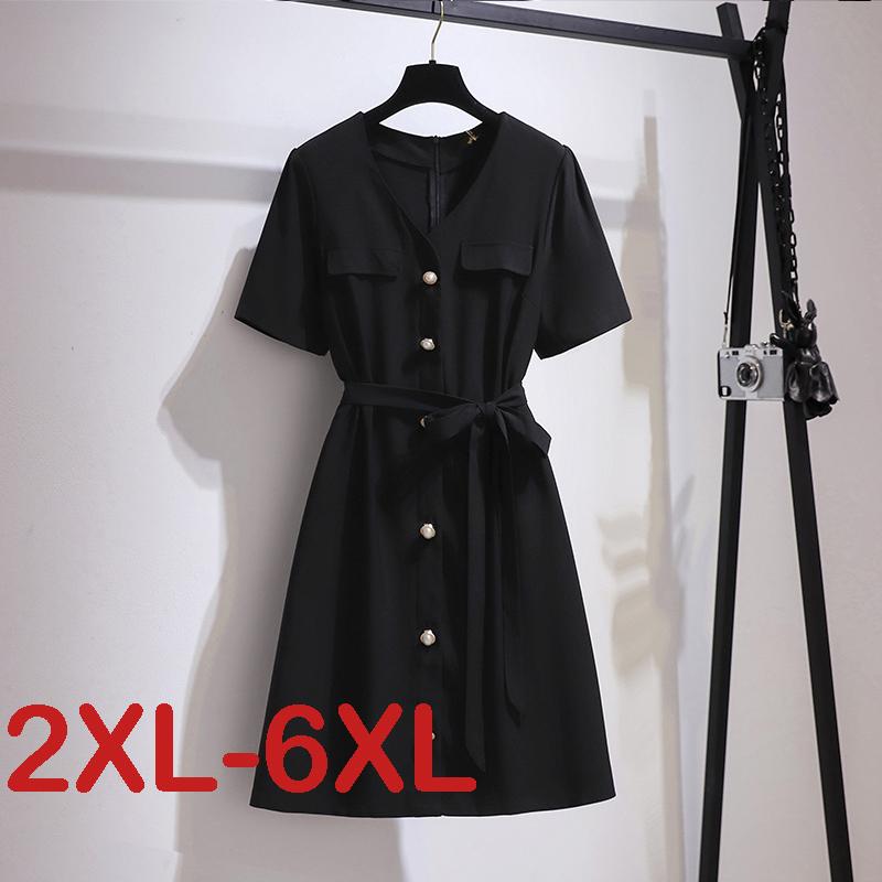 

Plus Size Dresses Women Summer V-neck Collar Short Sleeve Solid Button Belt Tunic Long Dress Big Clothing, Black