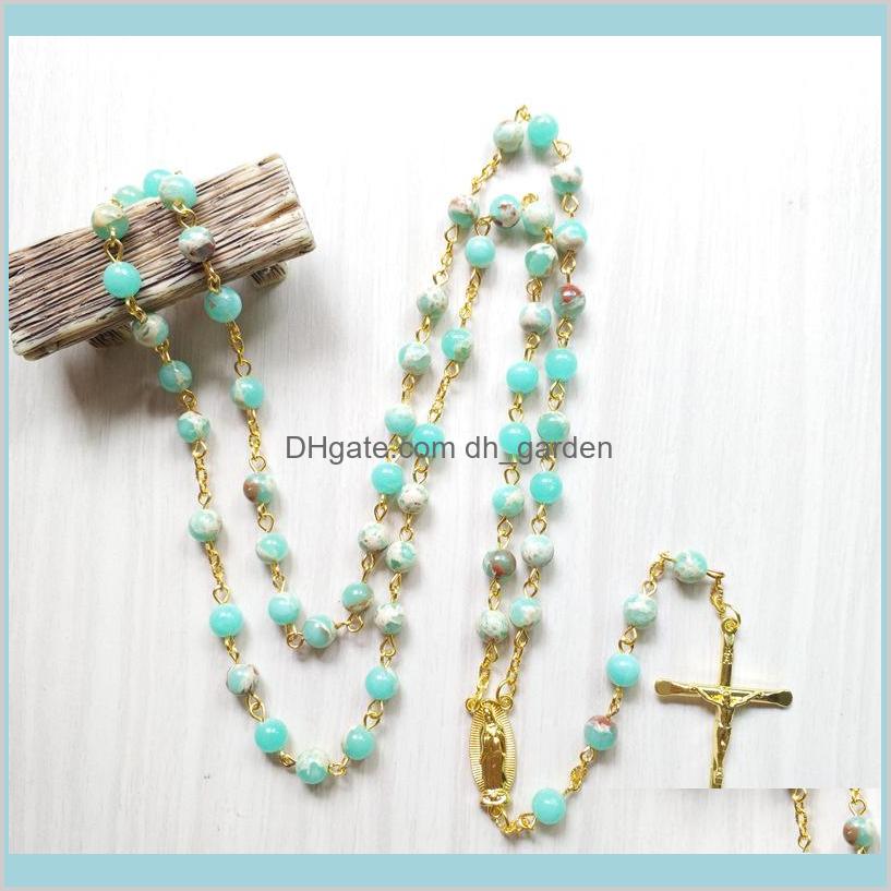 

Necklaces Pendants Catholic Jewelry Gold Cross Pendant Blue Stone Rosary Necklace For Men Women Drop Delivery 2021 Uz4We