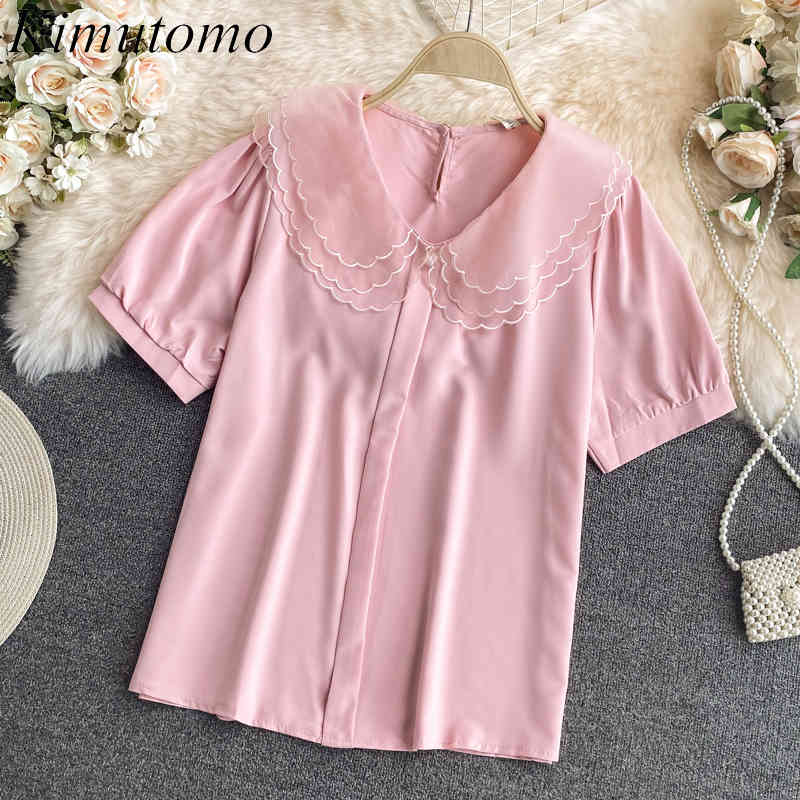 

Kimutomo Chic Peter Pan Collar Chiffon Blouse Women Solid Color Short Sleeve Button Shirt Summer Korean Elegant Top Fashion 210521, Pink