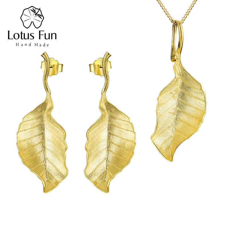 

Lotus Fun Luxury Elegant Autumn Large Leaves Jewelry Set with Stud Earring Pendant Necklace 925 Sterling Silver Women 210628, White