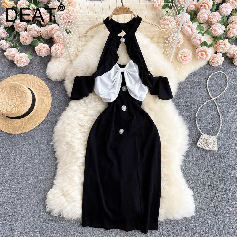 

DEAT Women Halter Strapless Bow Dress Short Sleeve Arrivals Lady Sexy Temperamnet Fashion Spring Summer 11D1574 210709, Black