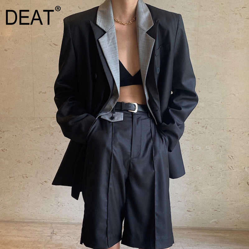 

[DEAT] Summer Fashion Loose Splicing Long Sleeve Turn-down Collar Blazer High Waist Shorts Women Two-piece Suit 13Q177 210527, Khaki shorts