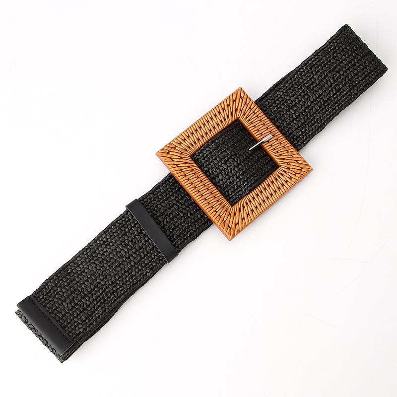 

Belts Imitation Grass Braided Elastic Belt For Women With Personality Big Plastic Buckle All-match Dress Waist BeltsBelts, Black