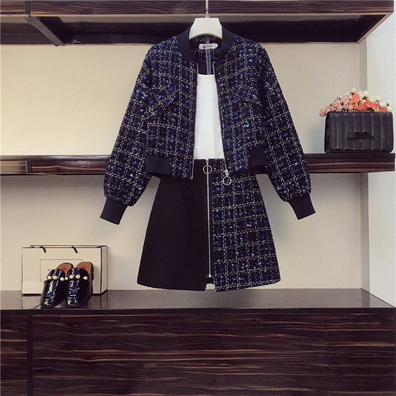 

High Quality Baseball uniform Tweed Jacket Suits Plaid Woolen Coat and Color matching Zipper A-line Skirts 2 Piece Set 210525, Coat and skirt
