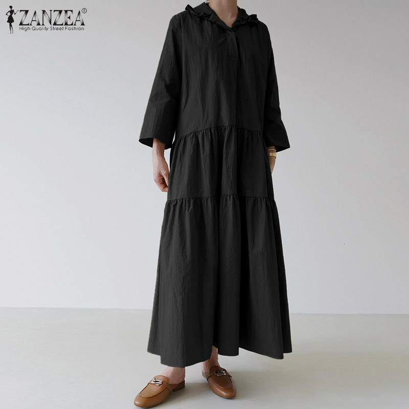 

Women's Blouses & Shirts Long Dress Vintage Sundress ZANZEA Women Spring Lapel Neck Ruffles Casual Solid Party Vestidos Femme Robe, Orange