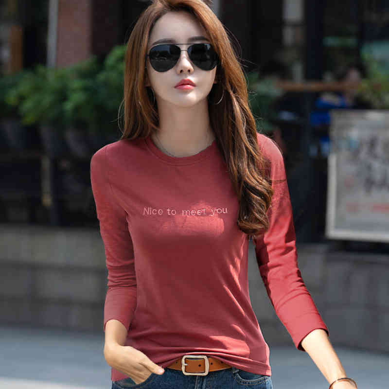 

Women's T-Shirt Cotton Slim Korean Woman Clothes Letter Print T Women Fall Womens Long Sleeve Tops Tshirt Tee Femme 9JDH, Red