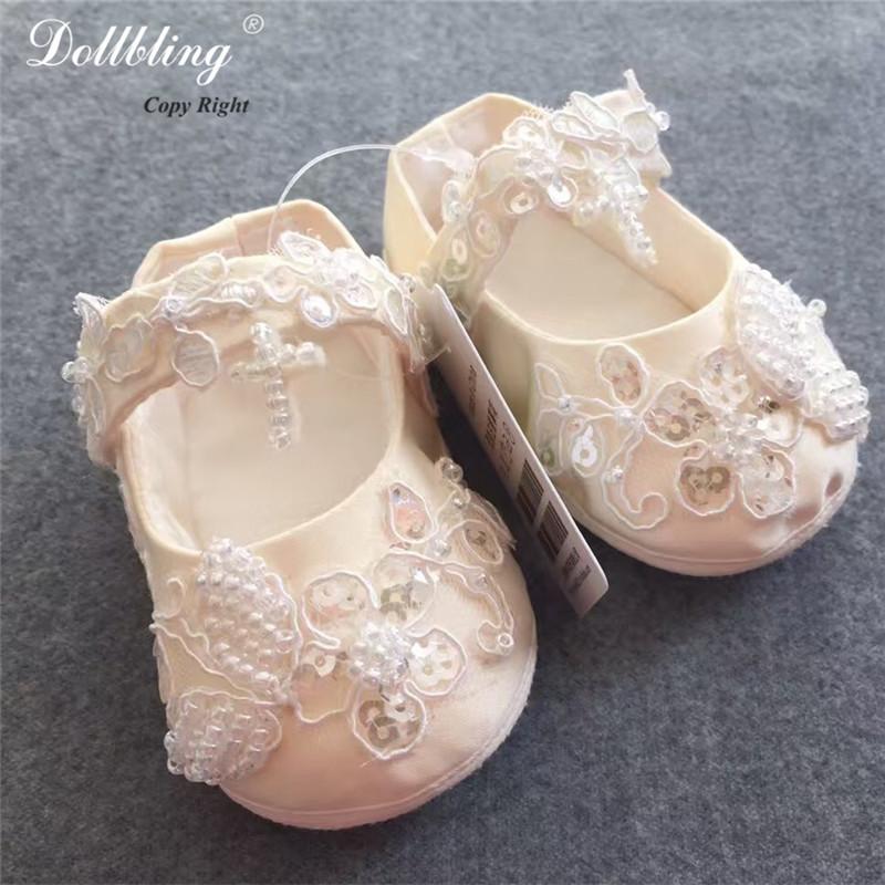 

First Walkers Luxury Ivory Applique Bling Jesus Cross Baptism Pageant Match Baby Shoes Champagne Sparkle Annual Bridal Party Bella Keepsake