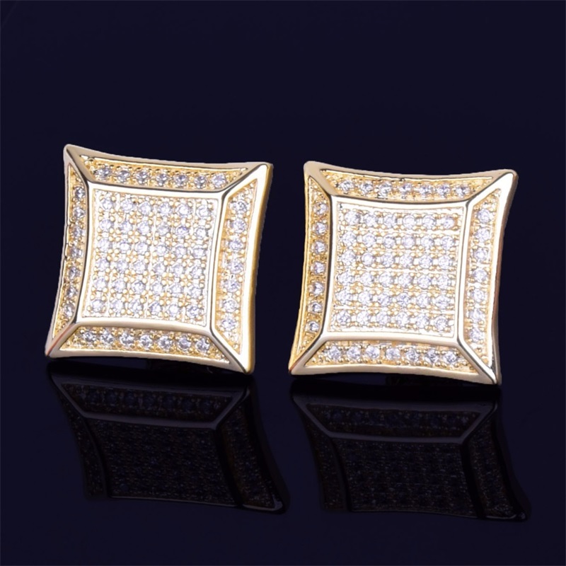

15MM Big Square Men Stud Earring Gold Color Full Cubic Zircon Screw Back Earrings Hip Hop Jewelry for Women 524 Z2, Golden;silver