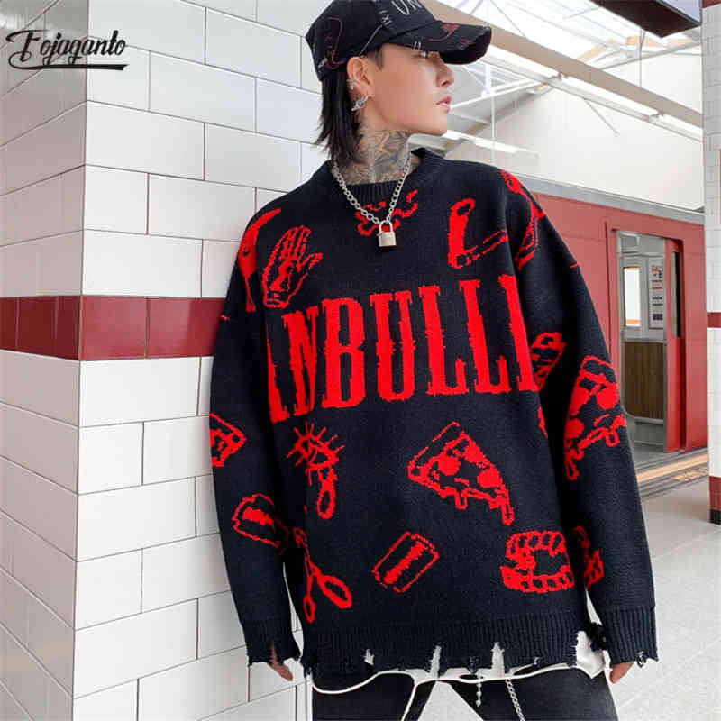 

BOLUBAO Men Streetwear Hole Knit Sweater Hip Hop Autumn Pullover Sweater O-Neck Oversize Couple Casual Men's Sweaters 210518, Oversize m