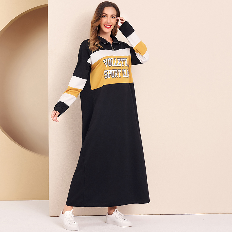 

MAI&FUN Women Loose Dress Autumn Zip Half Placket Slogan Graphic Colorblock Dresses Casual Dress Vestido Mujer, Black