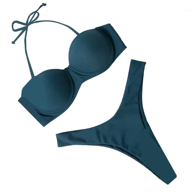 

Brazilian Thong Bikini Set 2021 Women Push-up Solid Color Swimsuit Sexy Belt Split High-cut Women' Swimwear, Blue