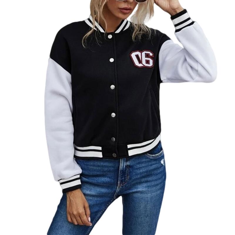 

Women' Jackets Girls Long Sleeve Autumn Jacket Ladies Leisure Style Color Matching Stand Collar Baseball Uniform Tops Single-breasted Coat, Black