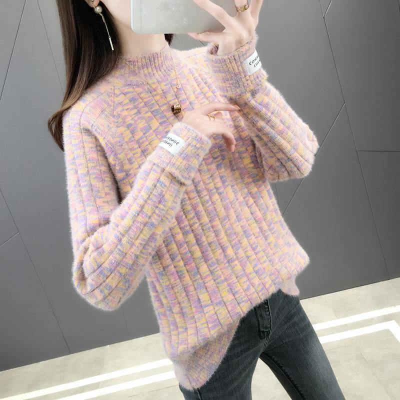 

Autumn Winter Women Sweater High Neck Fashion Imitation Mink Velvet Plaid Long Sleeve Female Casual Pullovers Kintted Tops Women's Sweaters, Green