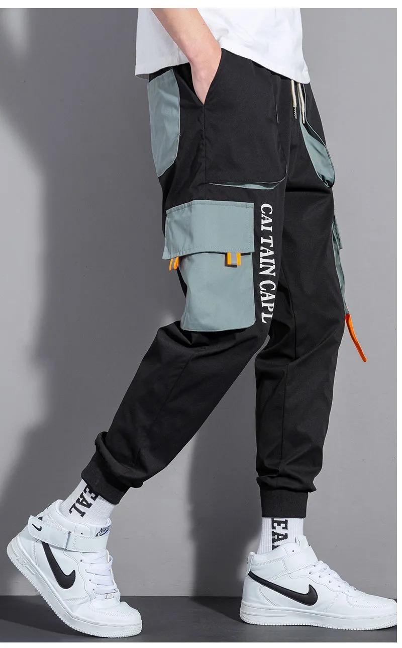

Men's Pants Cargo Men Jogger Overalls Streetwear Hip-Hop Casual Pockets And Ribbon Cotton Sweatpants Harajuku Functional Trousers, Black