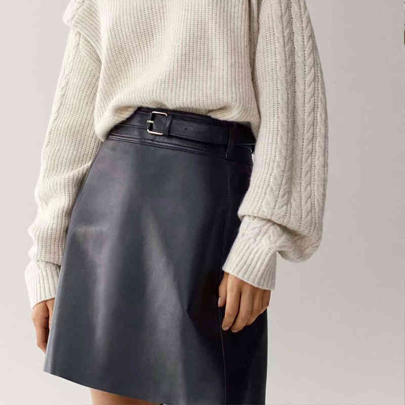 

Paris Girl Chic Women Black PU Faux Leather Skirt with Belt High Waist Ladies Mini Female A Line Fashion  210524