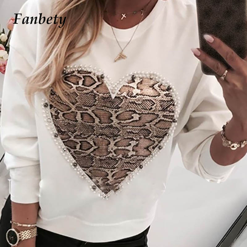 

Ladies Kawaii Beads Heart Pattern Blouse Shirts Women Autumn Sequins Lips Print Long Sleeve Pullovers Female Casual O-neck Tops, White