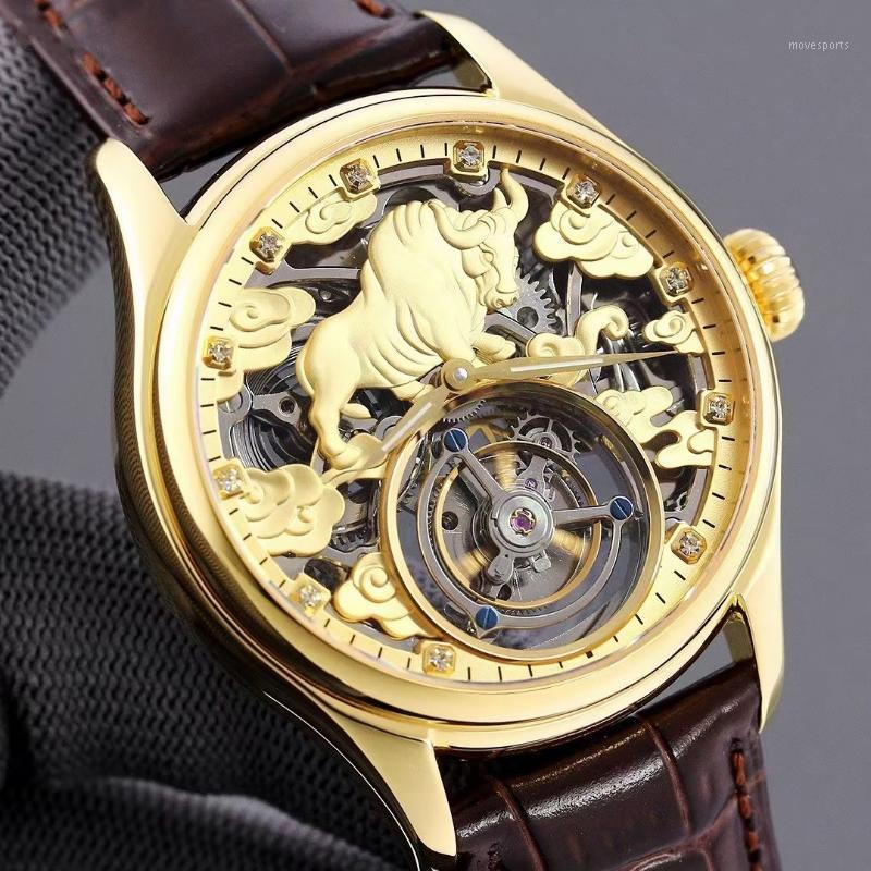 

High-end Golden Skeleton Cow Men Tourbillon Watches Genuine Leather Mechanical Hand Wind Wristwatch Wood Box As Gift Wristwatches, Gold