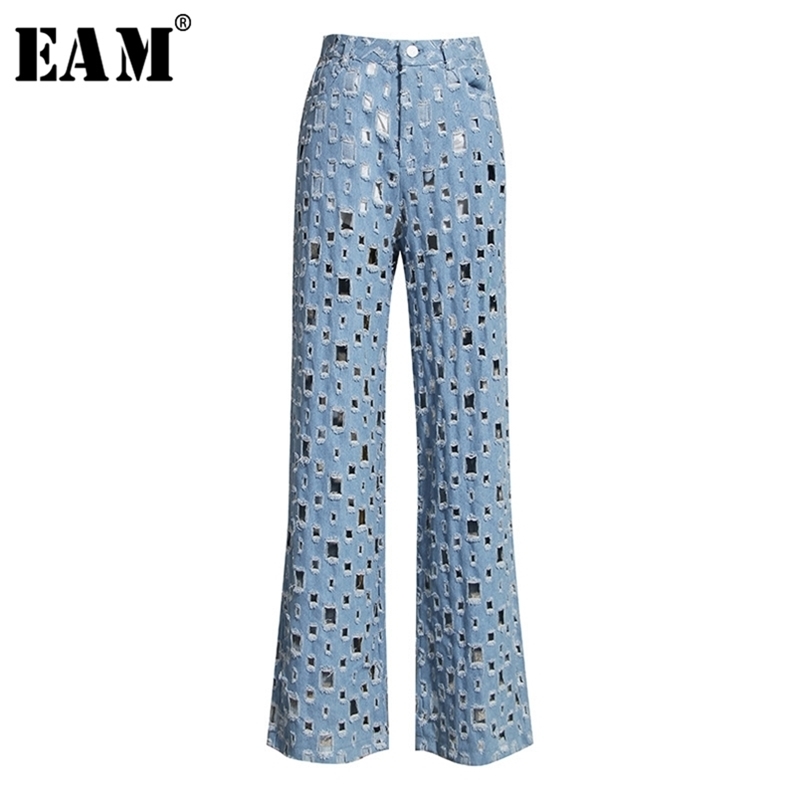 

[EAM] Wide Leg Blue Denim Hollow Out Long Jeans High Waist Loose Women Trousers Fashion Spring Autumn 1K434 210708, Light blue