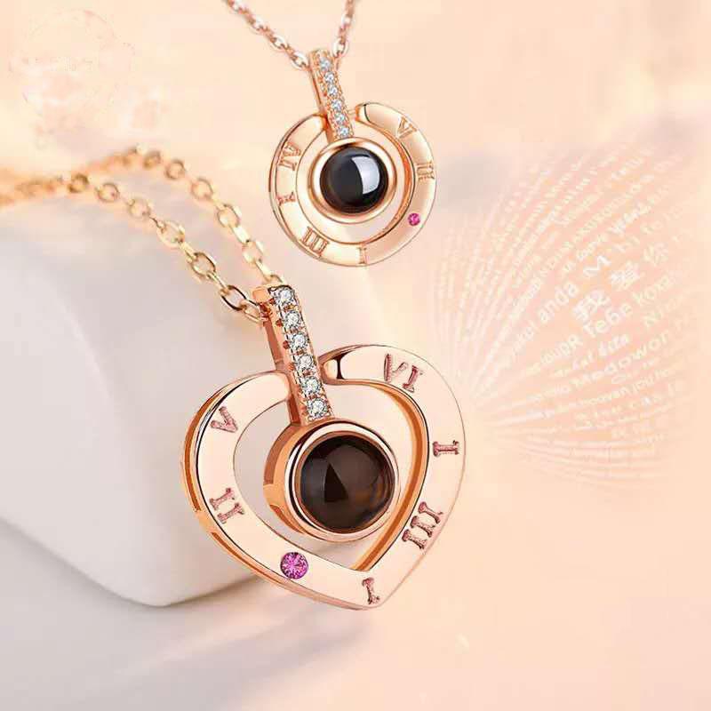 

Pendant Necklaces Romantic Lover Necklace 100 Languages I Love You Projection Rhinestone For Women Memory Jewelry Gifts