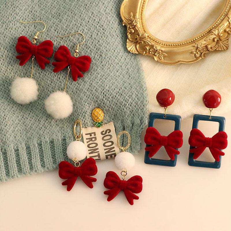 

Stud Christmas Red Bow Drop Earring For Women Temperament Heart Flocking Bowknot Girls Year Festival Jewelry, Golden;silver