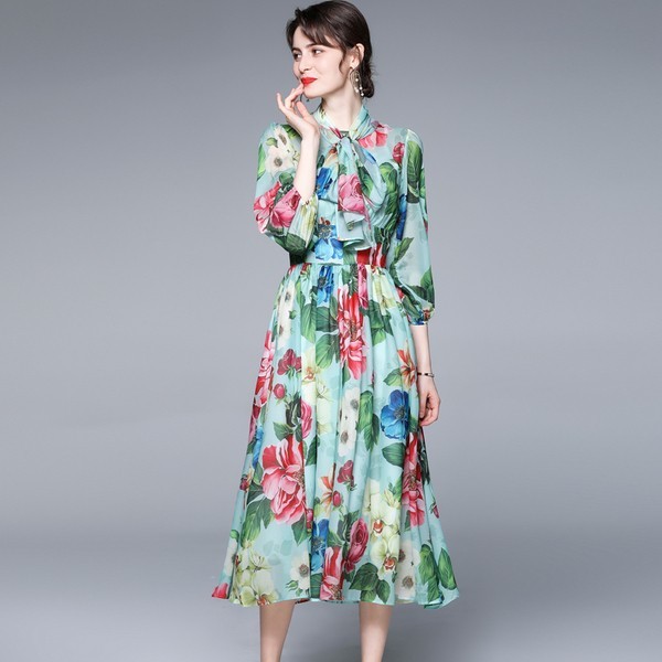 

Summer Sweet Floral Print Chiffon Dress Elegant Bowknot Collar Slim Waist Holiday Pleated Dresses 210518, Photo color