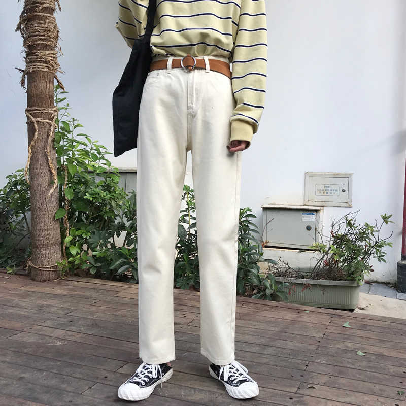 

Spring Autumn Korea Fashion Women High Waist Loose Beige Jeans All-matched Casual Cotton Denim Pants Straight Trousers S308 210608