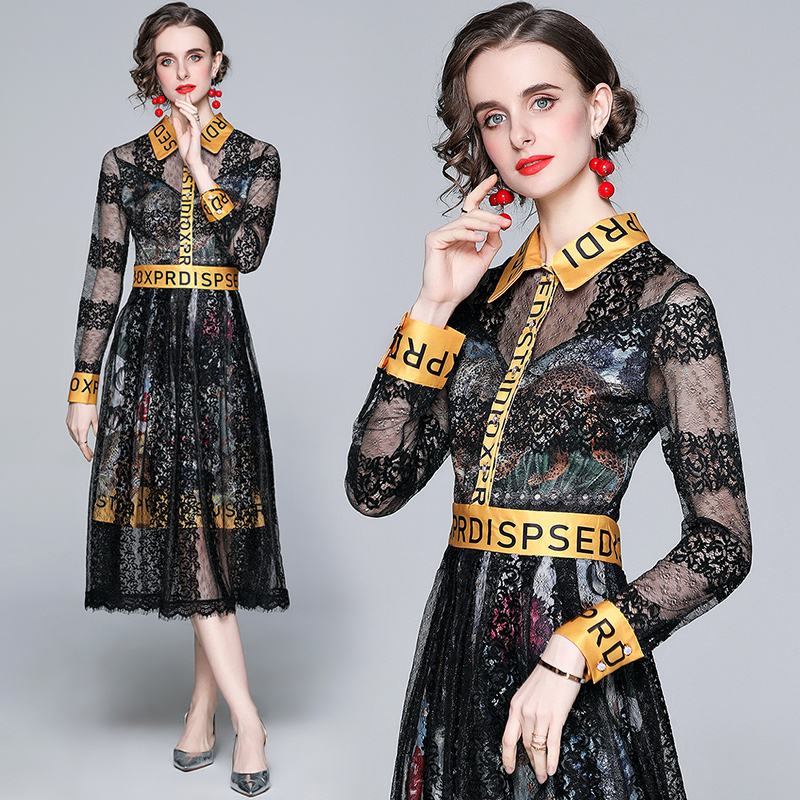 

Black Printed Shirt Collar Dress Lace Midi Dress Long Sleeve 2022 Runway Designer Elegant Ladies Casual Office Dresses See Through Cocktail Party Womens Clothes, 05