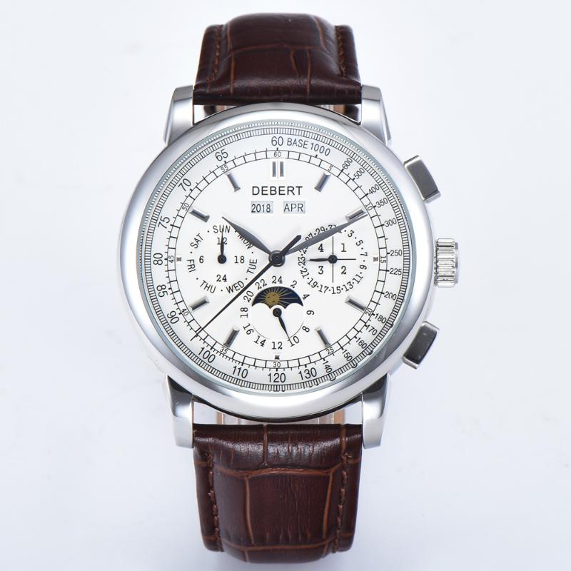 

Wristwatches Debert Moon Phase Leather Automatic Watches 42mm White Dial Date Day Coffee Strap Multifunction Men Watch, Black