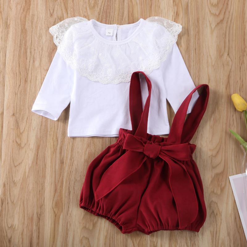 

Clothing Sets 2Pcs Baby Summer Outfits White Lapel Long-Sleeves Pullover + Red Elastic Suspender Trousers Suit For Toddlers Girls