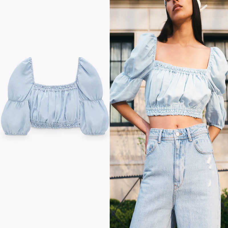 

Za Blue Summer Cropped Blouse Women Long Puff Sleeve Elastic Vintage Top Fashion Pleated Back Opening Woman Blouses 210602