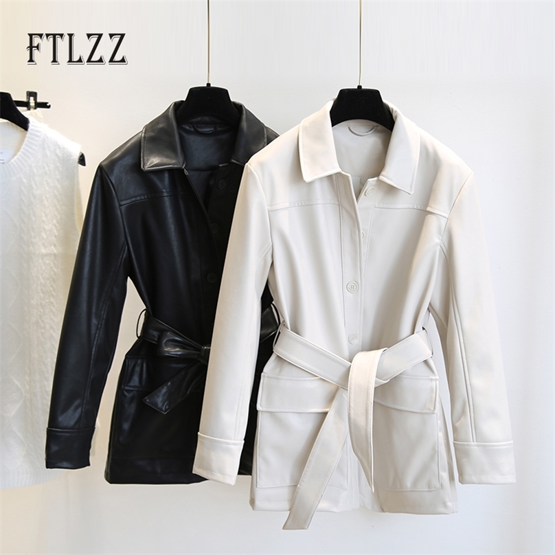 

Ladies Leather Coat Spring Autumn Single-breasted With Belt Bandage Biker Moto Faux Jacket Women Street Outwear 210525, White