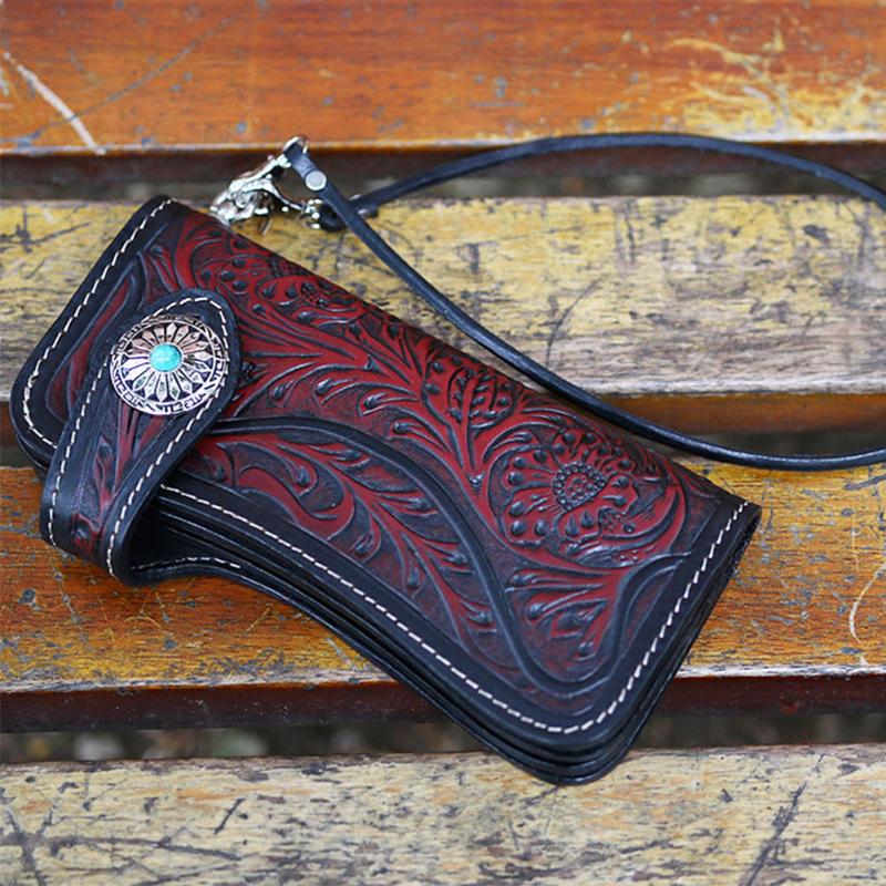 

Wallets Men Women Handmade Multipurpose Japanese Carved Artificial Cow Leather Button Open With Chain Wallet Long Casual Gift Storage, Red