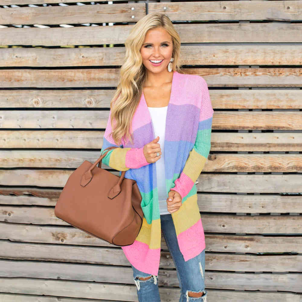 

Autumn Sweater Women Long Sleeve Patchwork Knitted Open Front Rainbow Striped Cardigan Women Coat sueter mujer invierno 210518, Pink