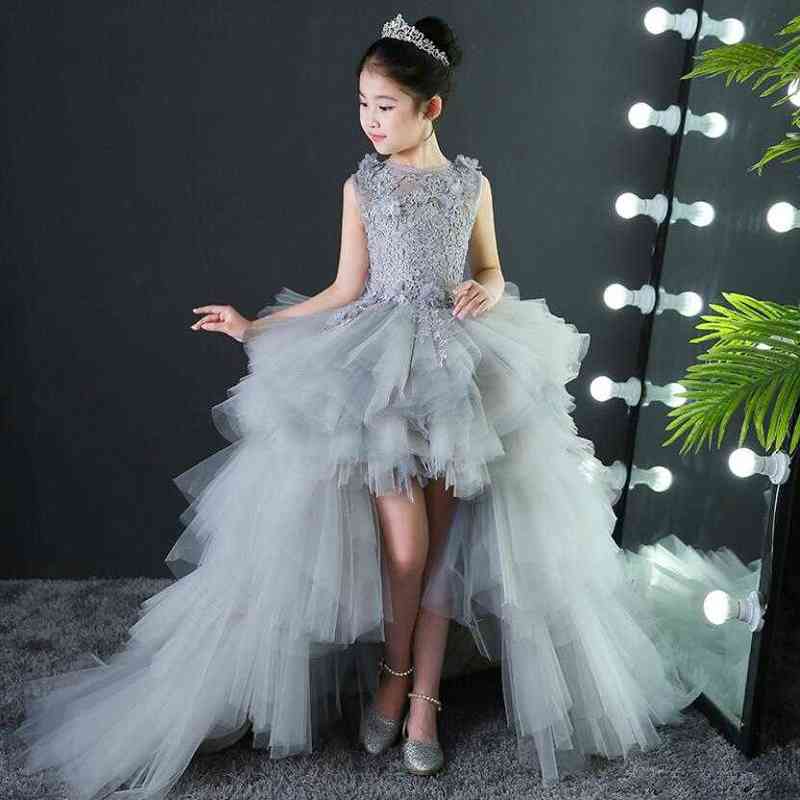 

Kids Dresses Girl Long Trailing Prom Gray Tulle Gowns Appliques Lace New Children Graduation Dress Teen Wedding Bridesmaid Robe G1218, Short style