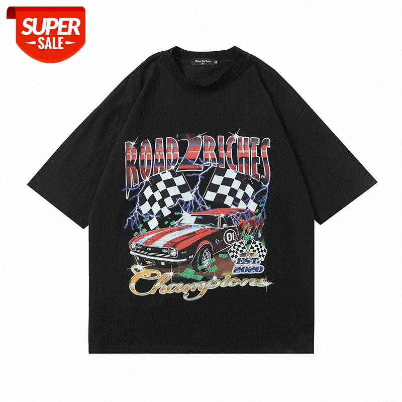 

American racing printed short-sleeved T-shirt men's bf lazy fun flow loose round neck five-point sleeves #Ig0c, White;black