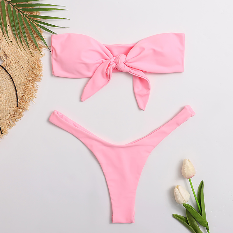 

Bandeau Swimsuits Beach Thong Bikini Pink Women' Two Pieces Bathing Suit Front Knot Bikinis Push Up Mujer 210520