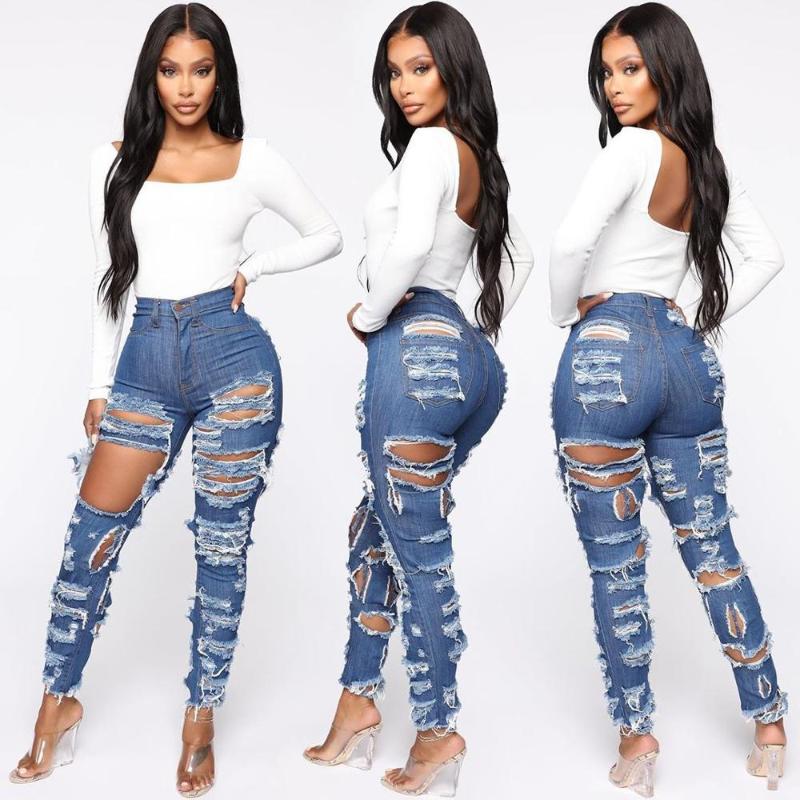 

Women' Jeans 2021 Fashion Woman Ripped High Waist Stretch Denim Pencil Pants Street Trendy Slim XS-XL Drop, Blue