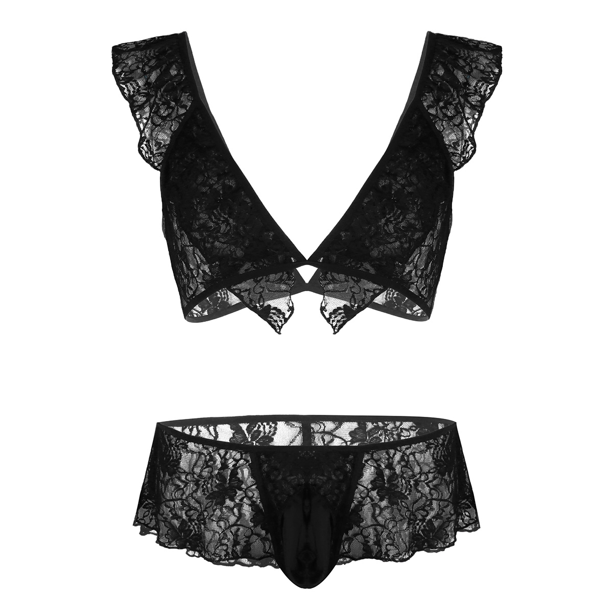 

Men Sheer Lace Nightwear Bikini Lingerie Set Sleeveless Bra Tops with Skirted G-string Thong Briefs Underwear Gay Sexy Lingerie