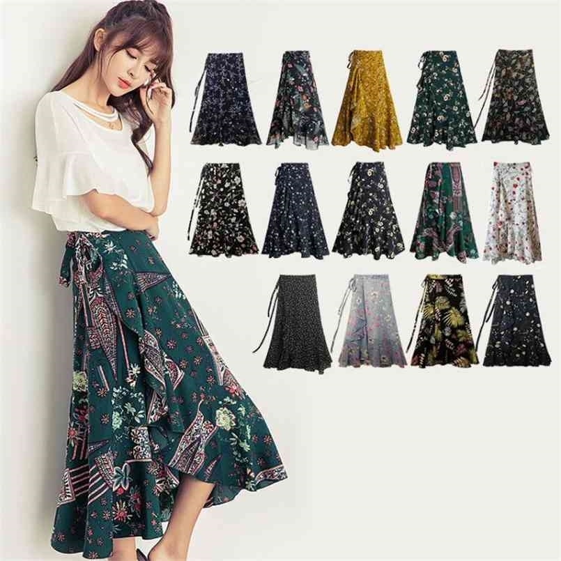

Bohemia Beach Skirt Women Spring Summer Chiffon Flower Pattern Medium Elastic Waist 210708, Silver