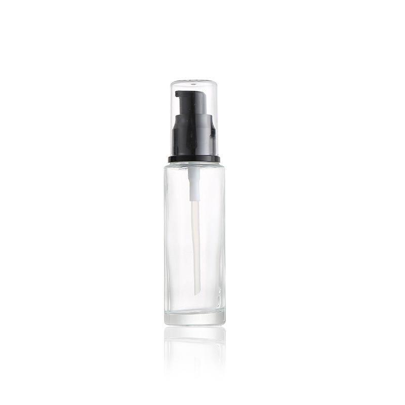 

30ml 1 oz Clear Glass Lotion Pump Bottles with Black Press Pump-Head Empty Cosmetic Sample Container for Emulsion Face Cream Shampoo Gel