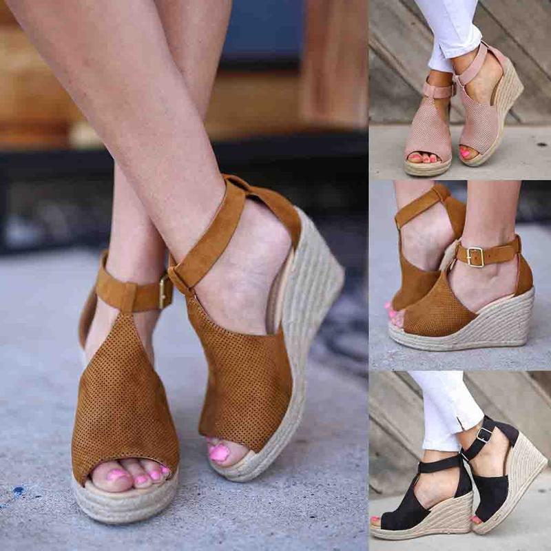 

Wedges High Heel Sandals For Women Fashion Flock Ankle Hasp Outdoor Slippers Summer Peep Toe Casual Shoes Sandalias Dress, Black