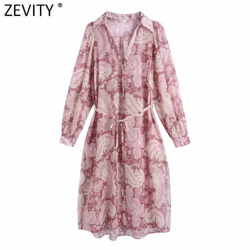 

Zevity Women Vintage Cashew Nut Print Side Split Chiffon Shirt Dress Female Chic Totem Floral Sashes Business Vestido DS8273 210603, As pic ds8273bb