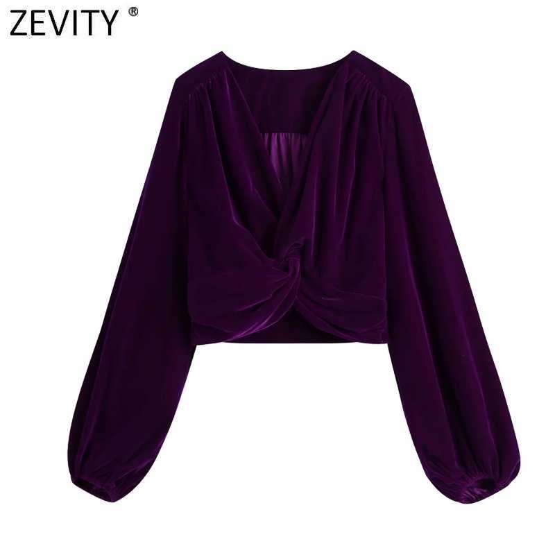 

Zevity Women Fashion V Neck Knotted Short Velvet Smock Blouse Office Ladies Side Zipper Kimono Shirt Chic Blusas Tops LS7419 210603, As pic ls7419bb