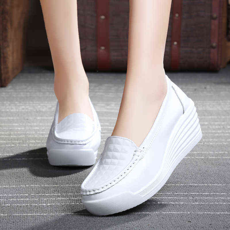 

Women's Shoes Women Genuine Leather Sneakers Slip On Platform Wedges White Ladies Loafers Casual Flats Comfortable Nurse Shoes G0211, Black